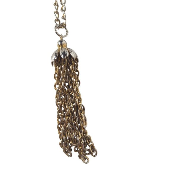 Vtg Long Tassel Necklace Gold Silver Tone Mixed Metal Chain Drop Flapper Style - Picture 2 of 4